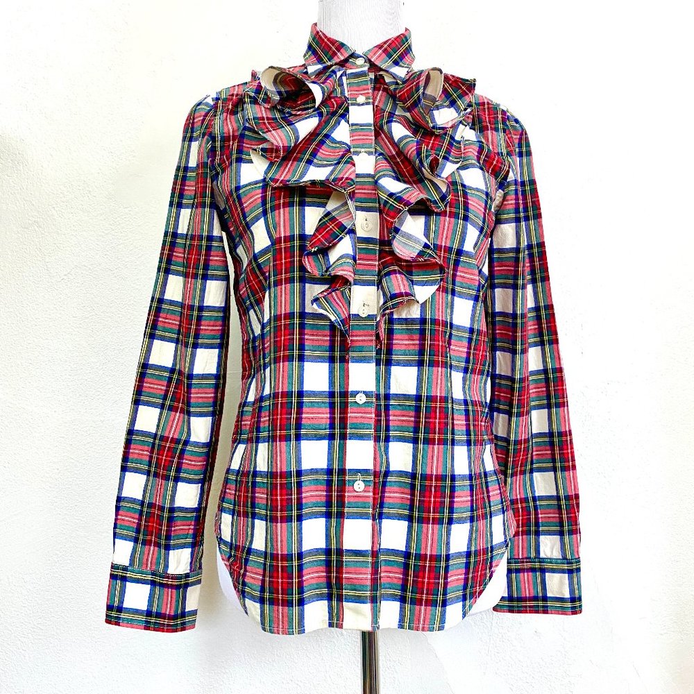 Ralph Lauren Plaid Ruffle Button Up Shirt Top Blouse Holiday Christmas Preppy